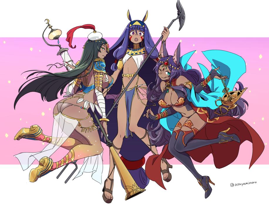 3girls ;q animal_ears asaya_minoru ass bandage bandaged_arm bandages bangle bangs bare_shoulders black_footwear black_legwear boots bracelet breasts bridal_gauntlets brown_footwear cleavage closed_mouth commentary_request crescent dark_skin earrings egyptian egyptian_clothes eyebrows_visible_through_hair facial_mark fate/grand_order fate_(series) forehead_jewel green_eyes green_hair hair_between_eyes hairband hat head_chain head_tilt high_heel_boots high_heels holding holding_staff hoop_earrings jackal_ears jewelry lantern large_breasts long_hair looking_at_viewer looking_to_the_side low-tied_long_hair mini_hat multiple_girls navel nitocris_(fate/grand_order) oil_lamp one_eye_closed open_mouth pauldrons pink_background profile purple_hair queen_of_sheba_(fate/grand_order) revealing_clothes sandals scheherazade_(fate/grand_order) see-through shoe_soles shoes sidelocks smile staff thigh-highs thigh_boots tilted_headwear tongue tongue_out twitter_username two-tone_background very_long_hair violet_eyes white_background white_hat