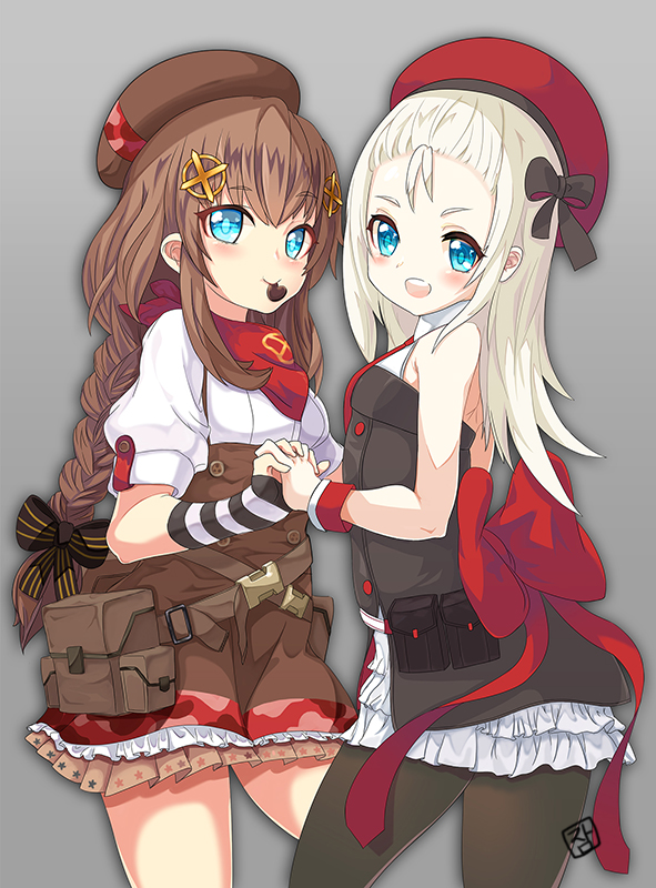 2girls arm_warmers belt_pouch beret blonde_hair blue_eyes buttons chocolate fn_fnc_(girls_frontline) food_in_mouth girls_frontline grey_background hair_ribbon hand_holding hat jamgom long_braid long_hair looking_at_viewer mp5_(girls_frontline) multiple_girls pantyhose pouch ribbon scarf shirt short_hair simple_background sleeveless sleeveless_shirt