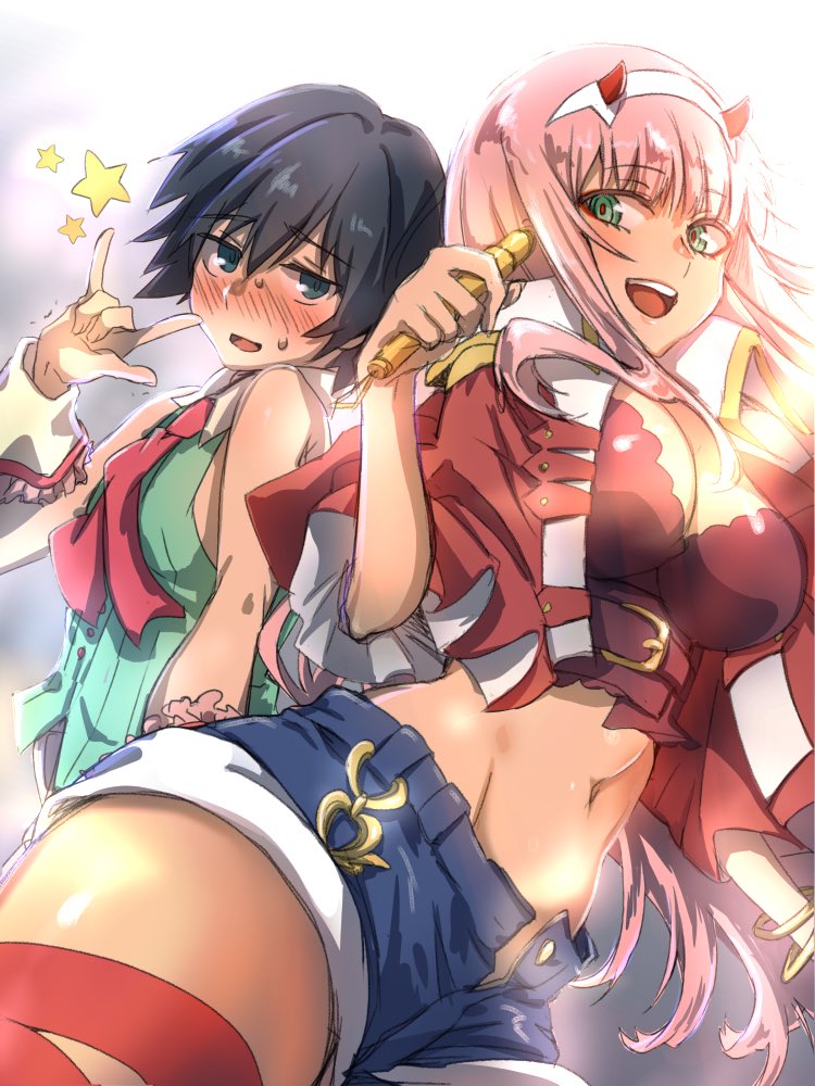 1boy 1girl \m/ bangs bare_arms bare_shoulders belt black_hair blue_eyes blush breasts capelet cleavage coattails cosplay couple crossdressinging darling_in_the_franxx detached_collar eyebrows_visible_through_hair green_eyes green_shirt hair_ornament hairband herozu_(xxhrd) hetero hiro_(darling_in_the_franxx) holding holding_microphone horns long_hair looking_at_viewer macross macross_frontier medium_breasts microphone midriff navel necktie oni_horns open_clothes open_shorts parody pink_hair purple_shorts ranka_lee ranka_lee_(cosplay) red_capelet red_horns red_legwear red_neckwear sheryl_nome sheryl_nome_(cosplay) shirt short_hair short_shorts shorts sleeveless sleeveless_shirt star stomach style_parody sweat thigh-highs thighs torn_clothes torn_thighhighs white_hairband wrist_cuffs zero_two_(darling_in_the_franxx)