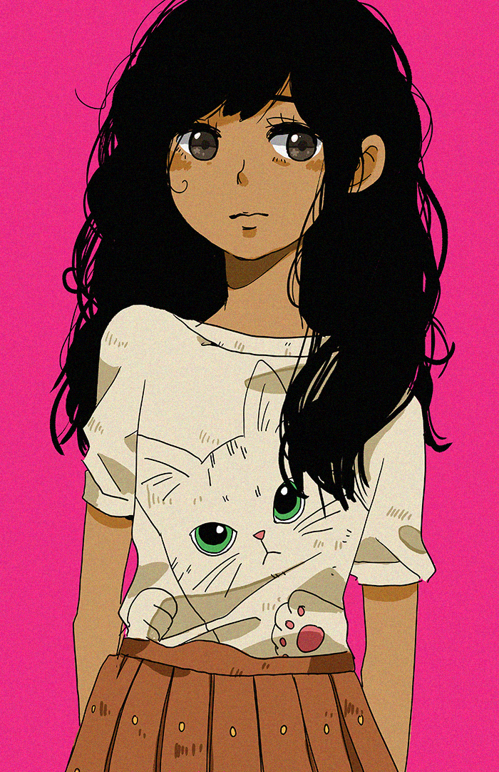 1girl arms_at_sides bangs black_eyes black_hair brown_skirt cat commentary copyright_request frown hair_over_shoulder long_hair looking_to_the_side pink_background pleated_skirt shirt skirt solo standing star star-shaped_pupils symbol-shaped_pupils t-shirt white_shirt
