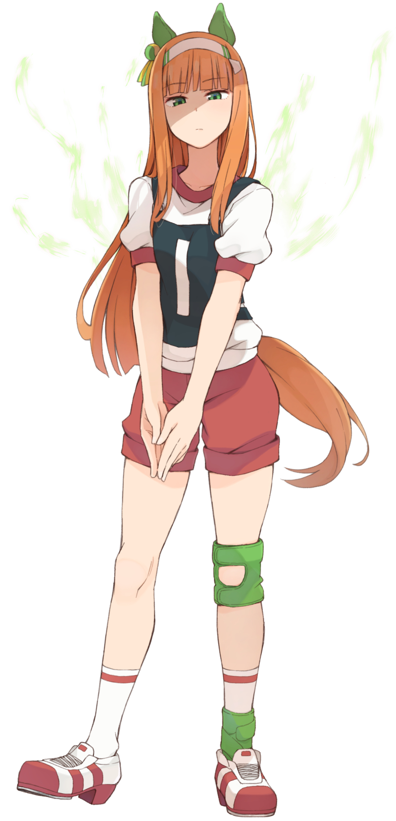 133431km 1girl animal_ears bangs blunt_bangs collarbone disgust ear_covers eyebrows_visible_through_hair full_body green_eyes gym_shirt gym_shorts gym_uniform hairband highres horse_ears horse_girl horse_tail long_hair looking_at_viewer orange_hair puffy_short_sleeves puffy_sleeves red_shorts scowl shaded_face shirt short_sleeves shorts silence_suzuka simple_background socks standing t-shirt tail umamusume white_background white_hairband white_legwear