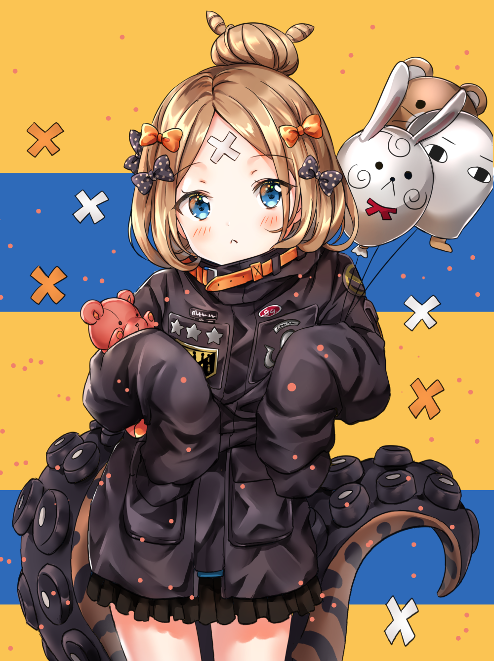1girl :&lt; abigail_williams_(fate/grand_order) animal_print balloon bangs black_bow black_jacket blonde_hair blue_eyes blush bow closed_mouth commentary_request eyebrows_visible_through_hair fate/grand_order fate_(series) fou_(fate/grand_order) hair_bow hair_bun head_tilt highres jacket long_hair long_sleeves looking_at_viewer medjed melynx_(user_aot2846) object_hug orange_bow parted_bangs polka_dot polka_dot_bow sleeves_past_fingers sleeves_past_wrists solo star stuffed_animal stuffed_toy suction_cups teddy_bear tentacle tiger_print