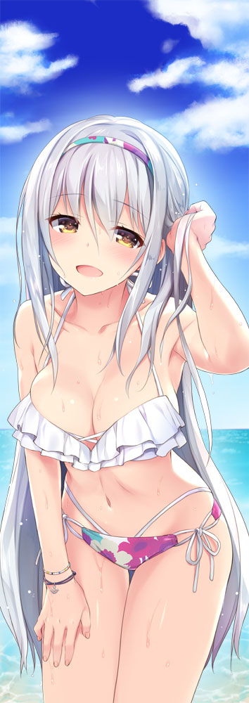 1girl :d armpits bankoku_ayuya beach bikini blue_sky bracelet breasts brown_eyes cleavage clouds commentary_request day eyebrows_visible_through_hair hairband hand_in_hair hand_on_own_thigh horizon jewelry kantai_collection large_breasts leaning_forward long_hair looking_at_viewer multi-strapped_bikini multicolored multicolored_bikini multicolored_clothes multicolored_hairband navel ocean open_mouth shoukaku_(kantai_collection) side-tie_bikini silver_hair sky smile solo swimsuit thigh_gap water