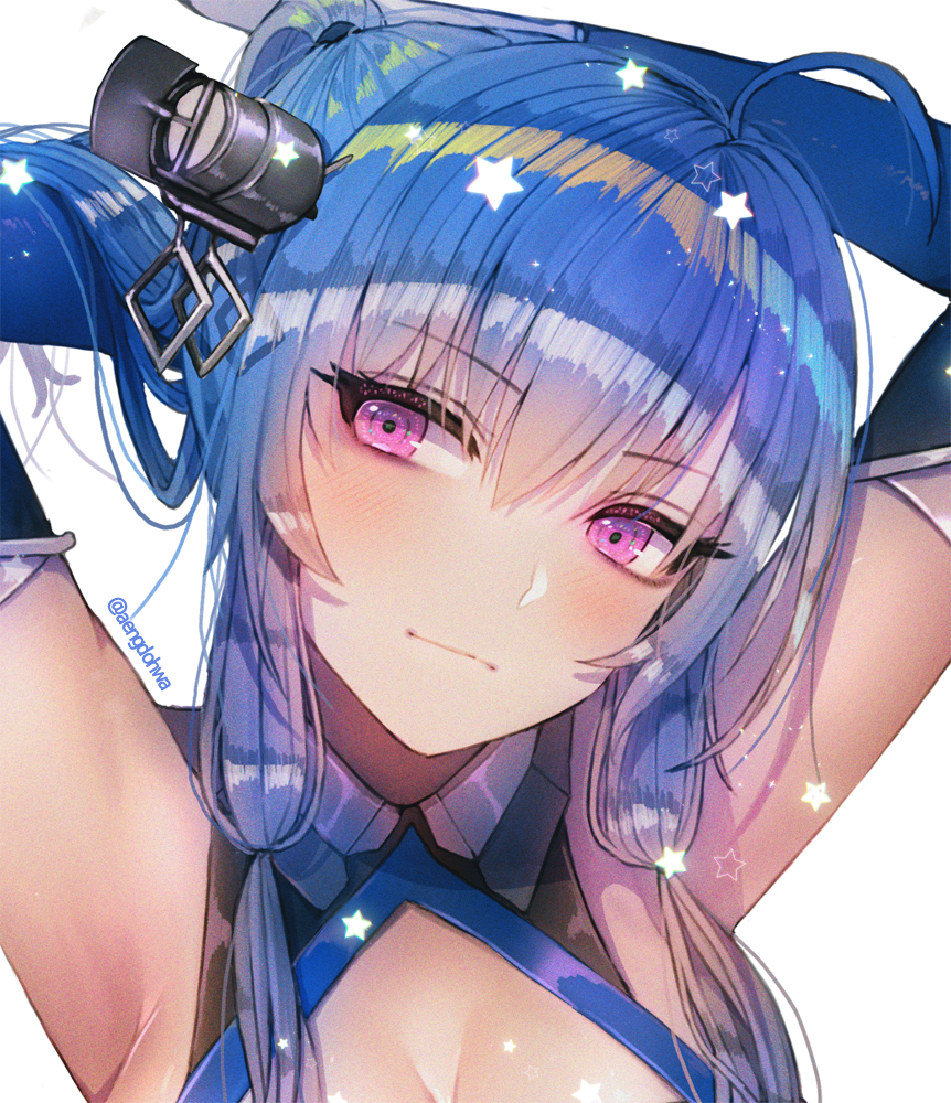 1girl ahoge armpits arms_behind_head azur_lane bangs bare_shoulders blue_gloves blue_hair blush breasts cleavage closed_mouth collarbone commentary dress elbow_gloves eyebrows_visible_through_hair gloves hair_between_eyes hair_ornament hair_ribbon hanato_(seonoaiko) hand_in_hair head_tilt large_breasts light_smile long_hair looking_at_viewer ribbon sideboob sidelocks smile solo sparkle st._louis_(azur_lane) star symbol_commentary tress_ribbon upper_body violet_eyes white_background white_gloves