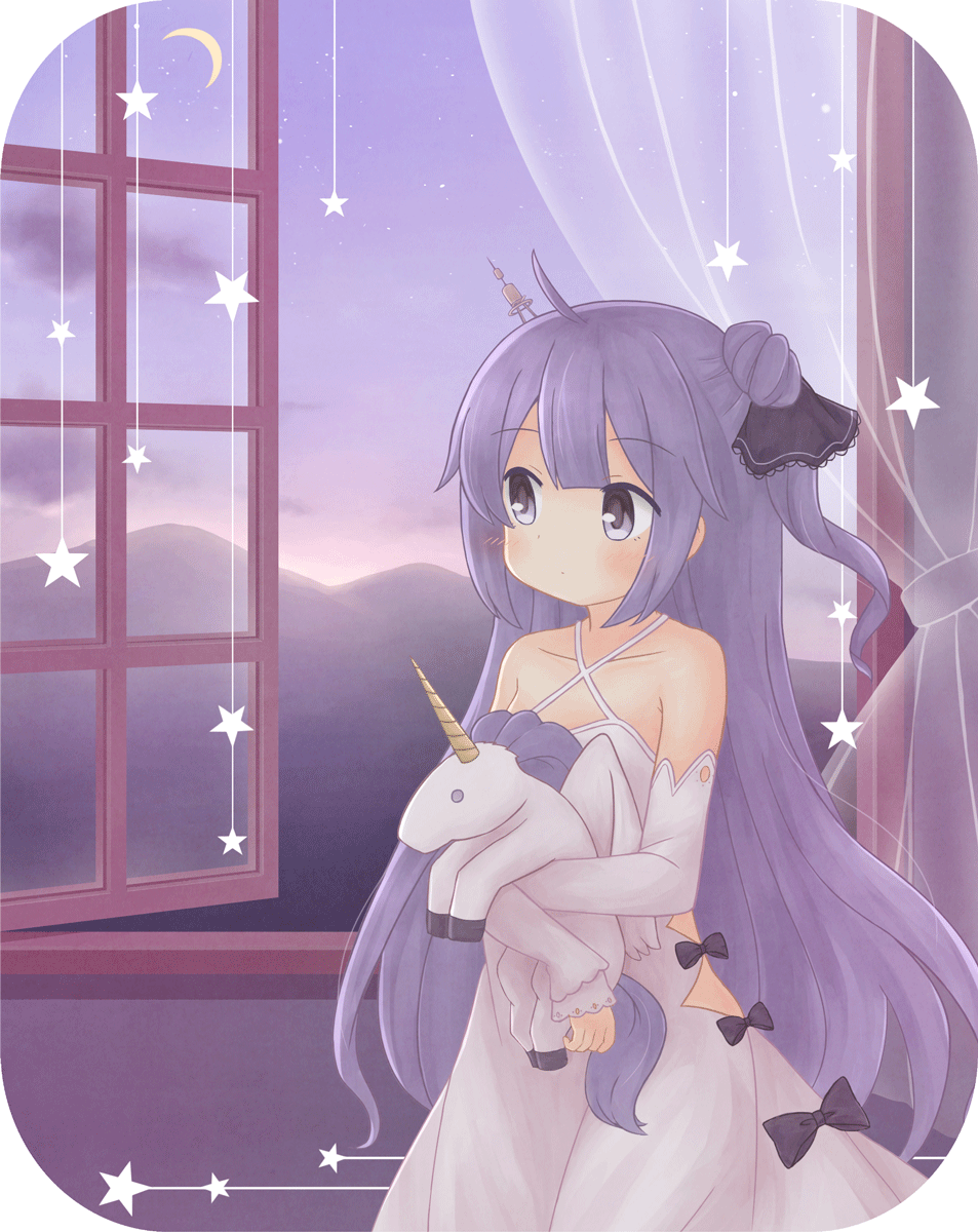 1girl ahoge anaguranosato azur_lane bangs bare_shoulders black_bow black_ribbon blush bow breasts closed_mouth clouds cloudy_sky commentary crescent_moon criss-cross_halter curtains detached_sleeves dress eyebrows_visible_through_hair hair_bun hair_ornament hair_ribbon halterneck highres indoors long_hair long_sleeves looking_away looking_to_the_side moon mountain object_hug one_side_up open_window purple_hair ribbon side_bun sky sleeves_past_wrists small_breasts solo standing star star_(sky) starry_sky stuffed_animal stuffed_pegasus stuffed_toy stuffed_unicorn transparent unicorn_(azur_lane) very_long_hair violet_eyes white_dress window