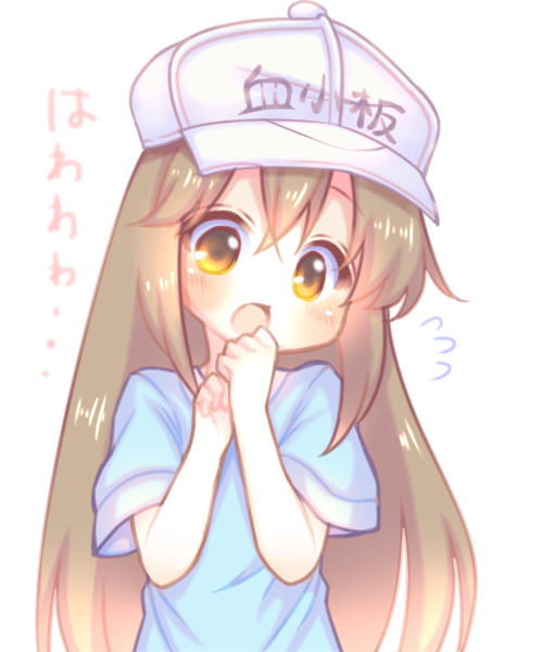 1girl bangs blue_shirt blush brown_eyes brown_hair character_name clothes_writing eyebrows_visible_through_hair flat_cap flying_sweatdrops hair_between_eyes hands_up hat hataraku_saibou head_tilt long_hair looking_at_viewer open_mouth platelet_(hataraku_saibou) sakurato_ototo_shizuku shirt short_sleeves simple_background solo translated very_long_hair white_background white_hat