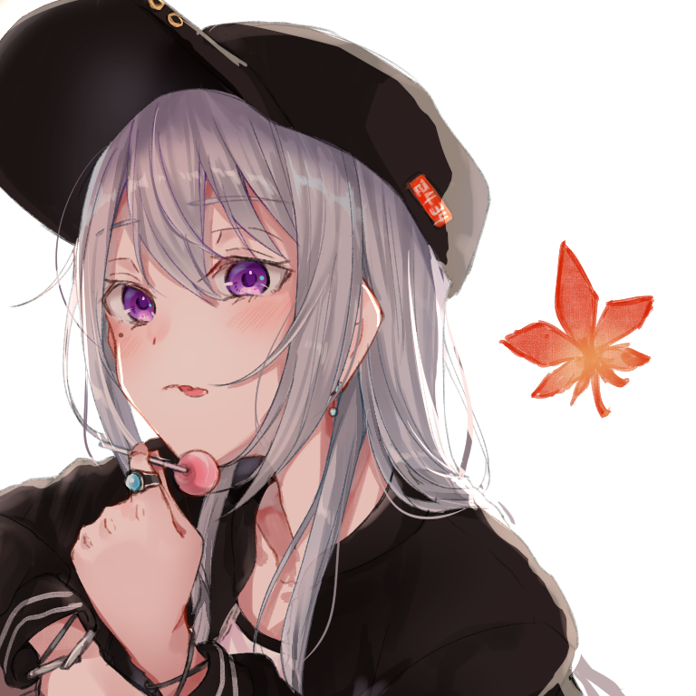 1girl baseball_cap blush candy collarbone earrings eyebrows_visible_through_hair food hat higuchi_kaede jacket jewelry leaf lollipop long_hair long_sleeves looking_away maple_leaf mole nijisanji ring silver_hair solo tongue tongue_out violet_eyes virtual_youtuber white_background zyenokana