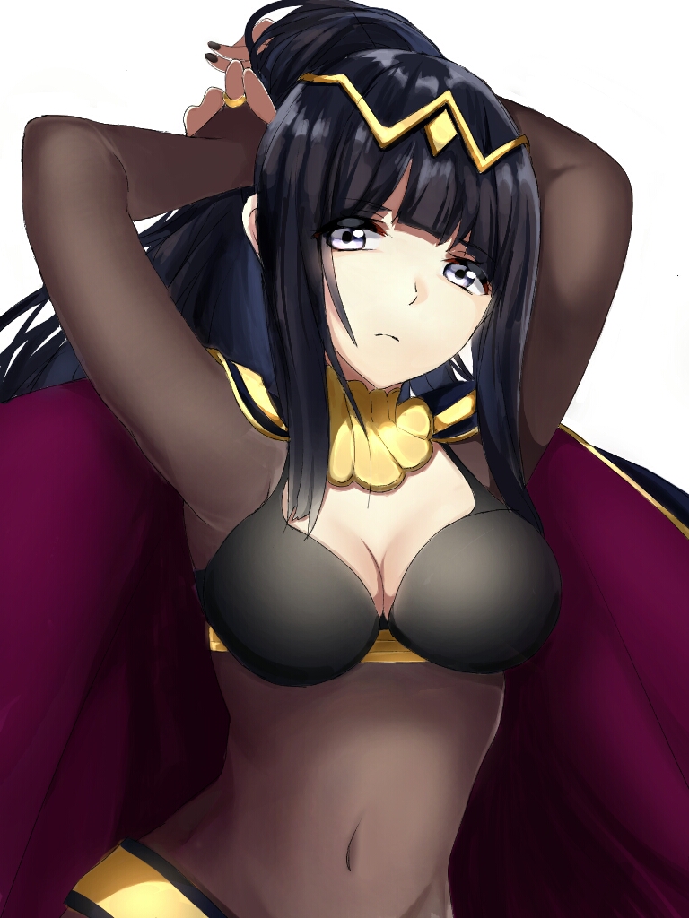 1girl adjusting_hair alternate_hairstyle aone_hiiro arms_up bangs black_hair black_nails blunt_bangs bodysuit breasts cape circlet cleavage covered_navel expressionless fire_emblem fire_emblem:_kakusei grey_eyes long_hair medium_breasts nail_polish ponytail simple_background solo straight_hair tharja upper_body white_background