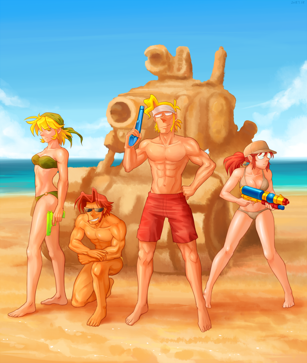 2boys 2girls bandanna barefoot baseball_cap beach bikini blonde_hair blue_sky breasts brown_bikini brown_hair brown_hat cleavage clouds cloudy_sky commentary day eyebrows_visible_through_hair fio_germi from_side glasses green_bandana green_bikini hand_on_hip hat kasamoto_eri male_swimwear marco_rossi medium_breasts metal_slug metal_slug_x multiple_boys multiple_girls navel o-ring o-ring_bikini ocean one_knee opaque_glasses outdoors parody pose round_eyewear sand_sculpture sasisage sky strapless strapless_bikini sunglasses super_soaker sv001_(metal_slug) swim_trunks swimsuit swimwear tarma_roving water_gun white_headband