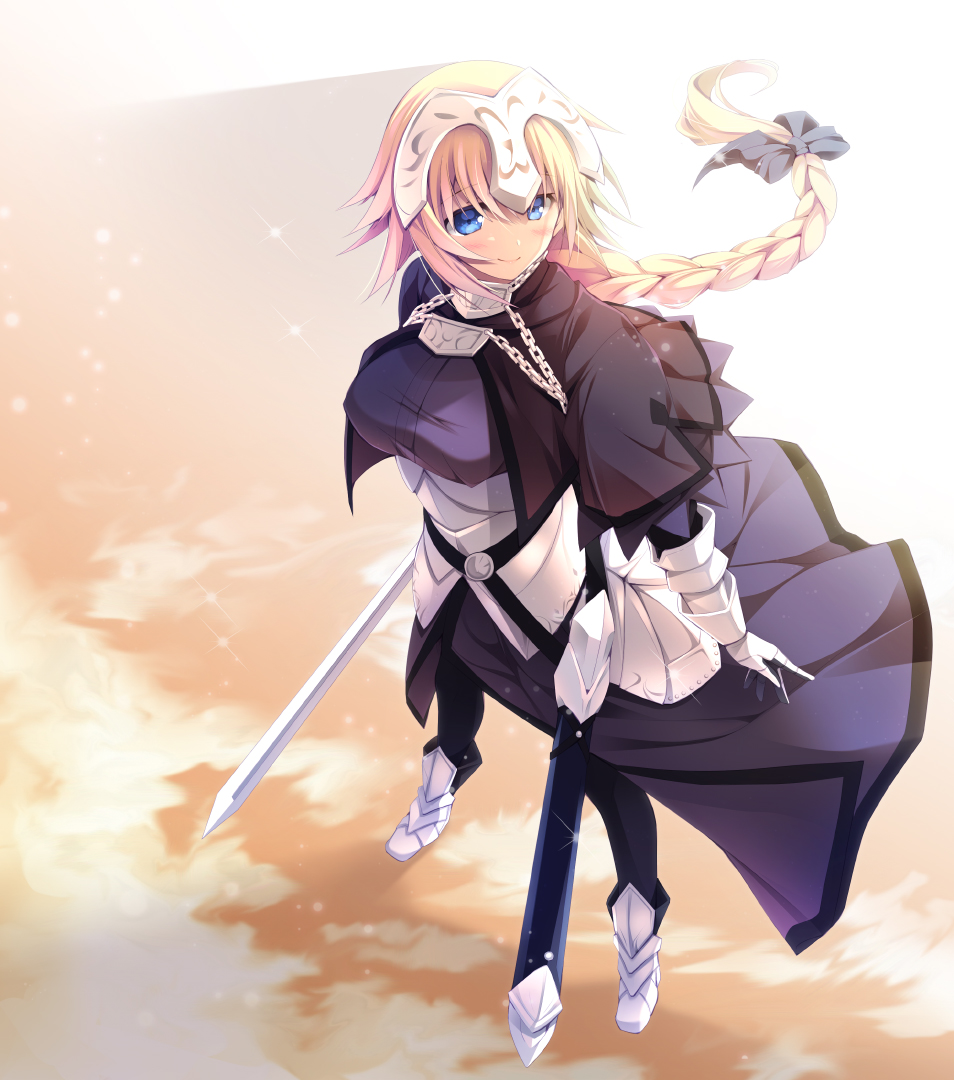 1girl armor armored_boots armored_dress bangs black_bow black_capelet black_legwear blonde_hair blue_eyes boots bow braid breasts capelet chains closed_mouth dress erect_nipples fate/apocrypha fate_(series) floating_hair full_body hair_bow headpiece holding holding_sword holding_weapon jeanne_d'arc_(fate) jeanne_d'arc_(fate)_(all) left-handed legs_apart medium_breasts purple_dress single_braid smile solo standing sword weapon yuuki_makoto_(radiant)