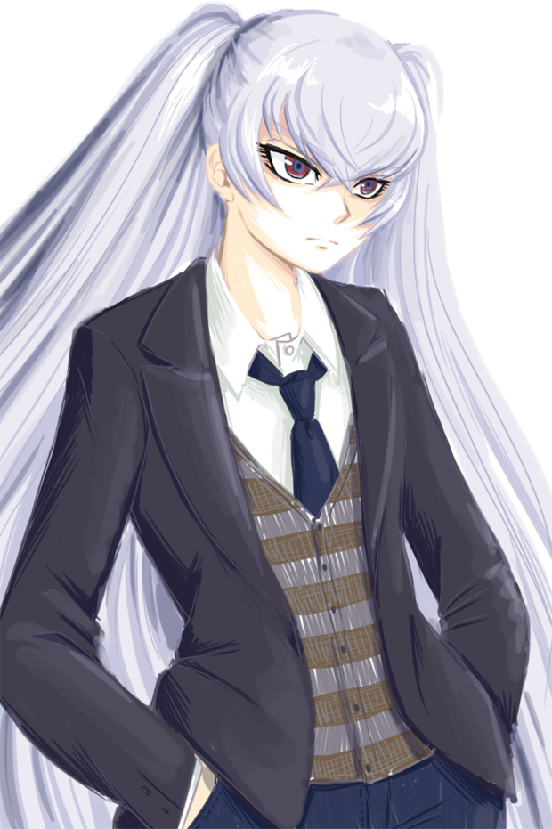 1girl :| altair_(re:creators) black_neckwear closed_mouth drawfag formal hands_in_pockets long_hair necktie re:creators red_eyes silver_hair solo standing striped_vest suit very_long_hair