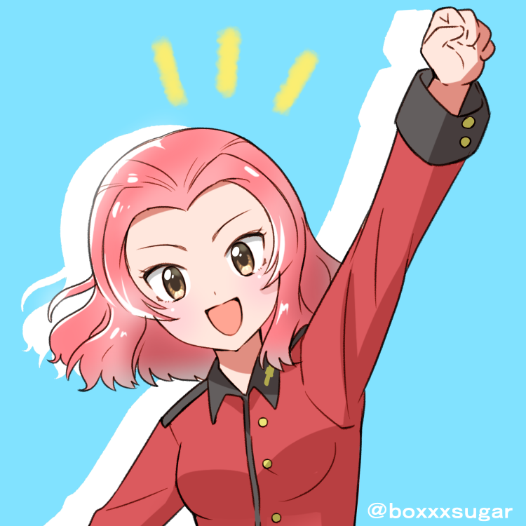 1girl :d arm_up blue_background brown_eyes clenched_hand commentary epaulettes girls_und_panzer jacket kakuzatou_(boxxxsugar) long_sleeves looking_at_viewer military military_uniform notice_lines open_mouth raised_fist red_jacket redhead rosehip short_hair silhouette simple_background smile solo st._gloriana's_military_uniform standing twitter_username uniform upper_body