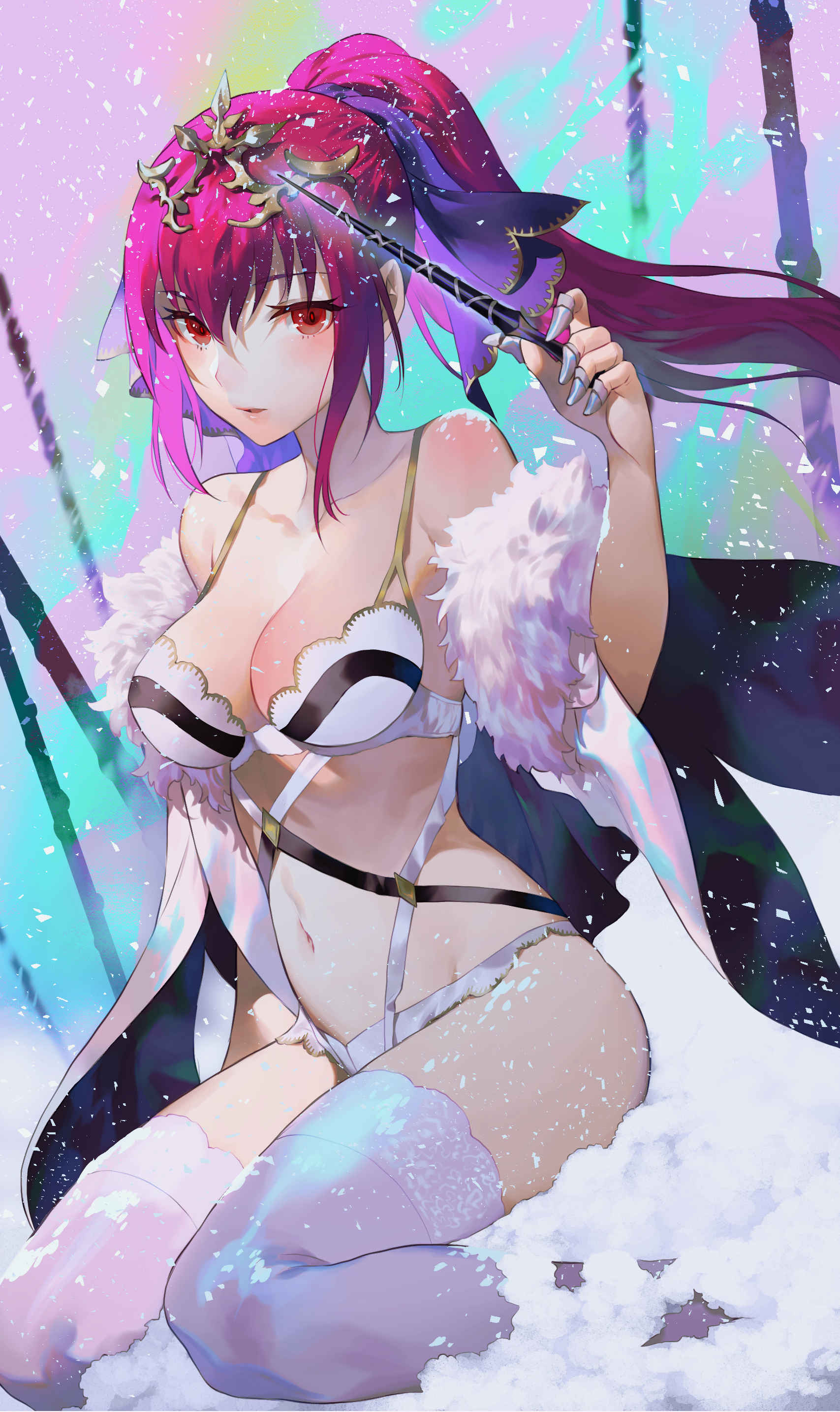 1girl absurdres bangs bare_shoulders blush bow bra breasts brown_eyes cleavage collarbone fate/grand_order fate_(series) fur_trim hair_bow high_ponytail highres holding holding_wand lance navel panties parted_lips pink_lips polearm purple_bow purple_hair salmon88 scathach_(fate)_(all) scathach_skadi_(fate/grand_order) sitting snow thigh-highs tiara underwear wand wariza weapon white_bra white_legwear white_panties