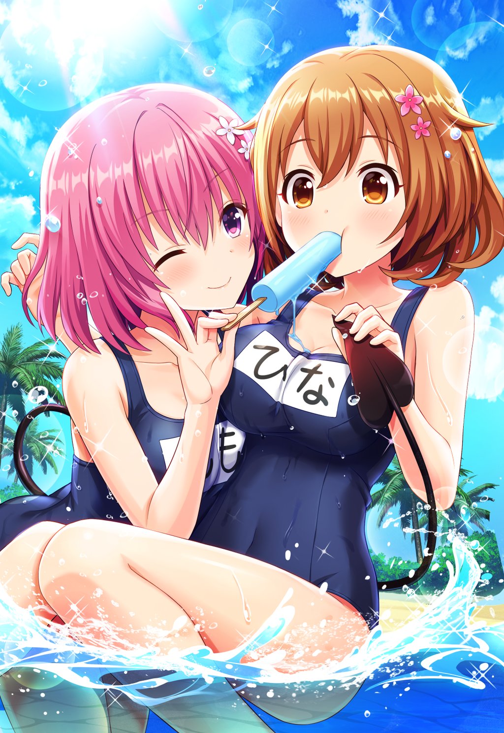 2girls alternative_girls bangs blue_sky blue_swimsuit blush breasts cleavage clouds cloudy_sky collarbone cosplay covered_navel cowboy_shot crossover day demon_tail eating eyebrows_visible_through_hair flower food hair_between_eyes hair_flower hair_ornament hair_scrunchie highres holding holding_food large_breasts light_brown_hair low_twintails medium_breasts momo_velia_deviluke momo_velia_deviluke_(cosplay) momoi_hina multiple_girls ocean official_art one-piece_swimsuit one_eye_closed outdoors palm_tree pink_eyes pink_flower pink_hair popsicle school_swimsuit scrunchie short_hair sky smile splashing sun swimsuit tail to_love-ru to_love-ru_darkness tree twintails wading wet wet_clothes wet_hair wet_swimsuit white_flower white_scrunchie yellow_eyes