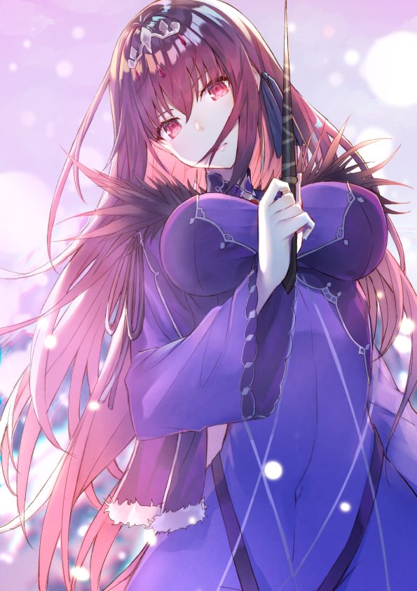 1girl bangs blurry blurry_background breasts covered_navel cowboy_shot dress fate/grand_order fate_(series) fur_trim hakuishi_aoi holding holding_wand large_breasts light_particles long_hair long_sleeves looking_at_viewer pink_eyes pink_hair pink_lips purple_dress purple_hair scathach_(fate)_(all) scathach_skadi_(fate/grand_order) tiara wand wide_sleeves