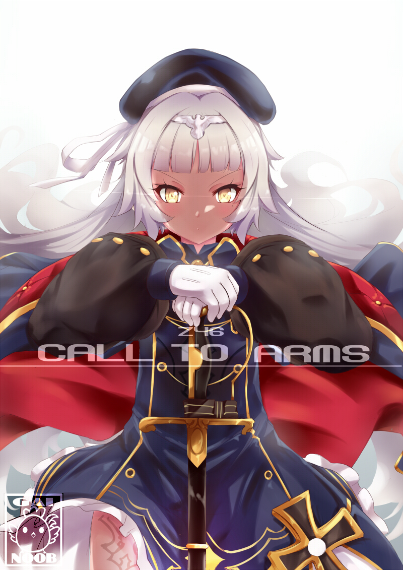 1girl azur_lane bangs beret blue_dress blue_hat blunt_bangs blush brown_eyes character_name closed_mouth commentary dress english english_commentary floating_hair gainoob gloves glowing glowing_eyes hand_on_hilt hat headpiece iron_cross long_hair long_sleeves looking_at_viewer mole mole_under_eye puffy_long_sleeves puffy_sleeves saber_(weapon) sidelocks silver_hair solo sword v-shaped_eyebrows very_long_hair weapon white_gloves z46_(azur_lane)