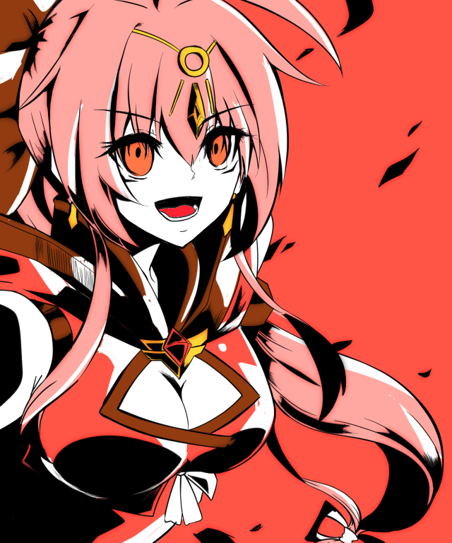 1girl breasts cleavage earrings elsword hair_ornament ignia_(elsword) jewelry long_hair open_mouth orange_eyes orange_hair priestess simple_background smile soo_(vyve2555) symbol