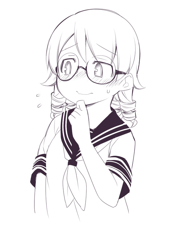 1girl bangs bespectacled blush closed_mouth eyebrows_visible_through_hair flying_sweatdrops glasses greyscale hair_between_eyes hand_up idolmaster idolmaster_cinderella_girls long_hair looking_away monochrome morikubo_nono neckerchief nose_blush ringlets round_eyewear sailor_collar school_uniform semi-rimless_eyewear serafuku short_sleeves simple_background solo sweat under-rim_eyewear ushi white_background