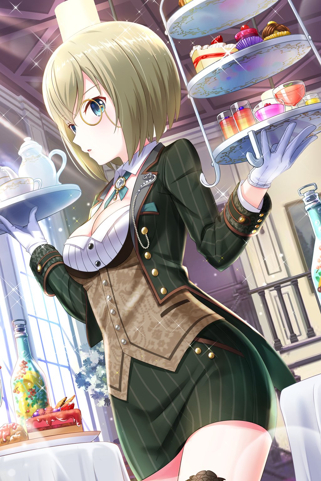 1girl alternative_girls bangs black_jacket black_legwear blonde_hair blue_eyes blush breasts buttons cake champagne_bottle cleavage cup detached_collar drink drinking_glass female_butler food gem gloves green_skirt highres holding holding_tray indoors jacket long_sleeves looking_at_viewer martini medium_breasts monocle official_art open_clothes open_jacket parted_lips pencil_skirt short_hair skirt strawberry_shortcake striped sylvia_richter teacup teapot thigh-highs tray vertical-striped_jacket vertical-striped_skirt vertical_stripes waitress white_gloves window