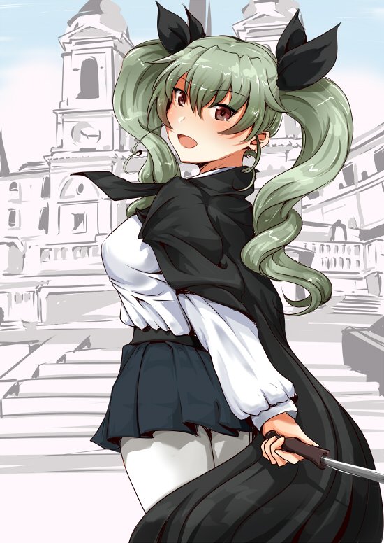 1girl anchovy anzio_school_uniform bangs belt black_belt black_cape black_ribbon black_skirt cape commentary cowboy_shot dress_shirt drill_hair eyebrows_visible_through_hair girls_und_panzer green_hair hair_ribbon hanchou_(shirokun555) holding italy long_hair long_sleeves looking_at_viewer looking_back miniskirt open_mouth pantyhose partially_colored pleated_skirt real_world_location red_eyes ribbon riding_crop rome school_uniform shirt skirt smile solo standing twin_drills twintails white_legwear white_shirt