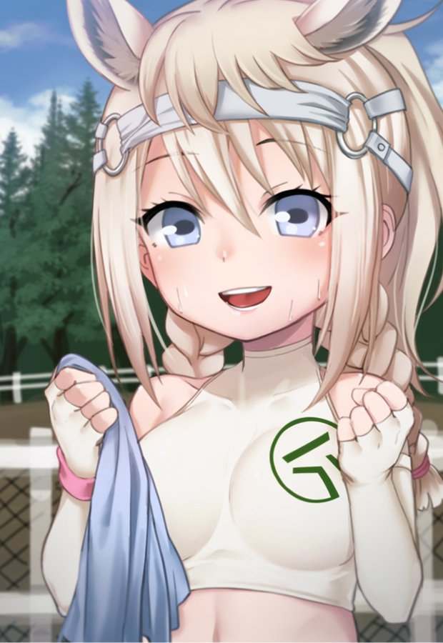 1girl :d animal_ears blue_eyes bra braid bridle clenched_hands clouds cloudy_sky elbow_gloves extra_ears eyebrows_visible_through_hair gloves headgear horizontal_pupils horse_ears horse_girl kemono_friends long_hair looking_at_viewer navel nyifu open_mouth sky smile solo sports_bra sportswear standing sweat tree underwear white_bra white_gloves white_hair white_sports_bra white_thoroughbred_(kemono_friends)