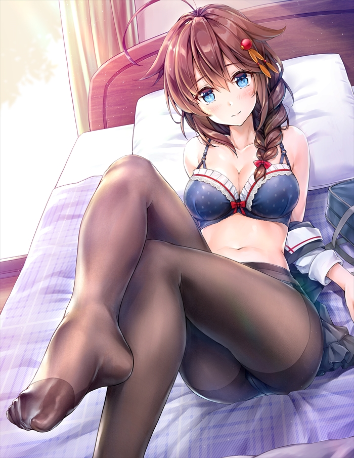 1girl ahoge ass bag bangs black_legwear blue_bra blue_eyes blush bra braid breasts brown_hair cleavage closed_mouth collarbone crotch_seam curtains evening eyebrows_visible_through_hair feet hair_flaps hair_ornament head_tilt indoors kantai_collection kotatsu_(kotatsu358) large_breasts legs_crossed light_particles long_hair looking_at_viewer lying navel no_shoes off_shoulder on_back on_bed panties panties_under_pantyhose pantyhose pillow remodel_(kantai_collection) shigure_(kantai_collection) sidelocks smile solo stomach thighband_pantyhose toes underwear white_panties window