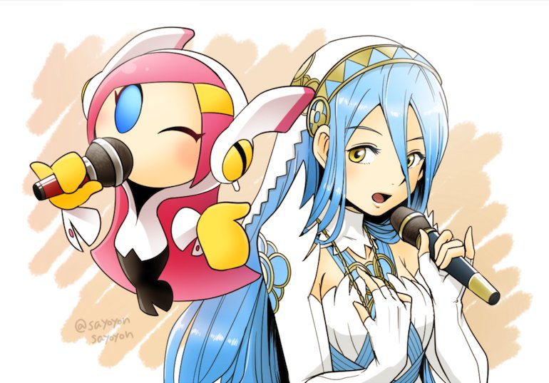 2girls anklet aqua_(fire_emblem_if) azura_(fire_emblem) blue_hair dress elbow_gloves fingerless_gloves fire_emblem fire_emblem_14 fire_emblem_fates fire_emblem_heroes fire_emblem_if gloves hair_between_eyes hairband hal_laboratory_inc. hoshi_no_kirby human intelligent_systems jewelry kirby:_planet_robobot kirby_(series) long_hair looking_at_viewer microphone nintendo one_eye_closed open_mouth robot robot_girl sayoyonsayoyo simple_background singing smile super_smash_bros. veil very_long_hair yellow_eyes