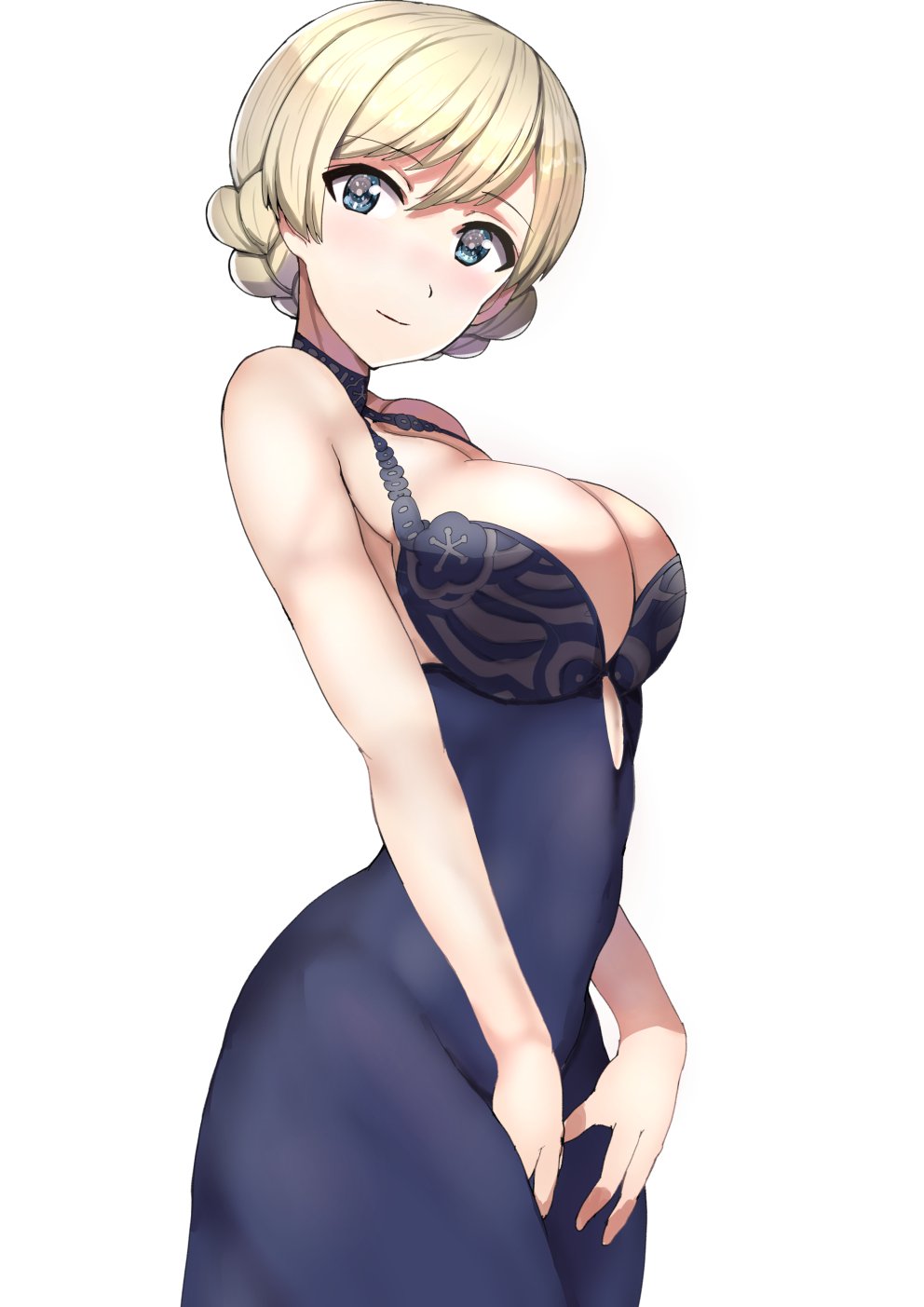 1girl alternate_costume blonde_hair blue_eyes blush braid breasts cleavage cowboy_shot darjeeling french_braid girls_und_panzer highres large_breasts looking_at_viewer sideboob sikijou77o smile solo white_background