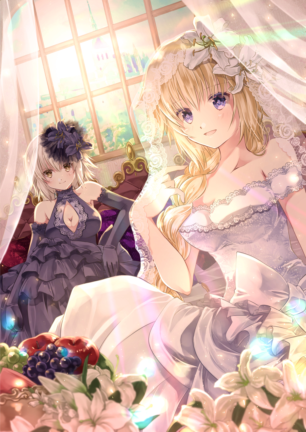 2girls apple bare_shoulders black_dress black_gloves black_wedding_dress blonde_hair blush breasts bridal_veil cleavage cleavage_cutout commentary_request dress elbow_gloves fate/grand_order fate_(series) flower food frilled_dress frills fruit gloves grapes hair_flower hair_ornament hair_over_shoulder highres iroha_(shiki) jeanne_d'arc_(alter)_(fate) jeanne_d'arc_(fate) jeanne_d'arc_(fate)_(all) large_breasts long_hair looking_at_viewer multiple_girls silver_hair singe_braid sitting smile strapless strapless_dress veil violet_eyes wedding_dress white_dress window yellow_eyes