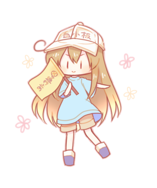 1girl ahoge bangs black_footwear blue_shirt blush brown_hair brown_shorts character_name chibi closed_mouth clothes_writing eyebrows_visible_through_hair flat_cap full_body hair_between_eyes hat hataraku_saibou long_hair outstretched_arm platelet_(hataraku_saibou) sakurato_ototo_shizuku shirt short_shorts short_sleeves shorts simple_background smile solo standing standing_on_one_leg v-shaped_eyebrows very_long_hair white_background white_hat |_|