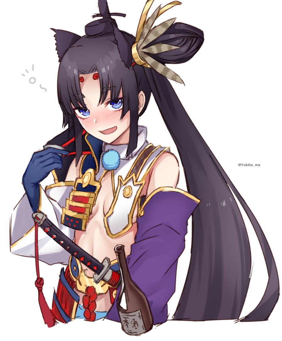 1girl :d armor bangs bare_shoulders black_hair black_hat blue_eyes blue_gloves blush bottle breasts cropped_torso detached_collar detached_sleeves eyebrows_visible_through_hair facial_mark fate/grand_order fate_(series) forehead_mark gloves hair_bun hair_ornament hand_up hat head_tilt japanese_armor katana kusazuri long_hair long_sleeves looking_at_viewer mismatched_sleeves nose_blush open_mouth parted_bangs pom_pom_(clothes) rope scabbard sheath sheathed side_ponytail sideboob simple_background small_breasts smile solo sword tassel thick_eyebrows twitter_username upper_body ushiwakamaru_(fate/grand_order) weapon white_background wide_sleeves yukihama