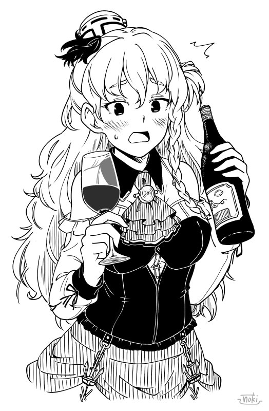 1girl blush bottle braid breasts commentary_request corset cup drinking_glass french_braid fujinoki_(horonabe-ken) hat kantai_collection large_breasts long_hair mini_hat monochrome skirt solo wavy_hair wine_bottle wine_glass zara_(kantai_collection)