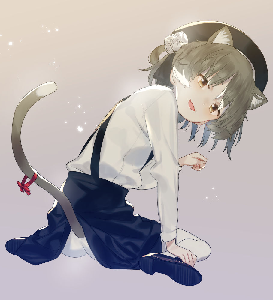 1girl :d animal_ears beret black_footwear black_hat black_ribbon blush bow brown_eyes brown_hair cat_ears cat_girl cat_tail fangs fingernails flower grey_background hair_flower hair_ornament hair_rings hand_up hat hatoba_tsugu hatoba_tsugu_(character) head_tilt kemonomimi_mode loafers looking_at_viewer mole mole_under_eye open_mouth pantyhose red_bow ribbon rose shoe_soles shoes sitting smile solo subachi tail tail_bow virtual_youtuber wariza white_flower white_legwear white_rose