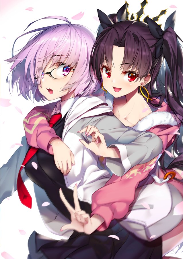 2girls bangs black-framed_eyewear black_bow black_dress blush bow brown_hair collarbone cowboy_shot dress earrings eyebrows_visible_through_hair fate/grand_order fate_(series) fingernails fur-trimmed_hood glasses grey_hoodie hair_bow hong_(white_spider) hood hood_down hoodie hoop_earrings hug hug_from_behind ishtar_(fate/grand_order) ishtar_(swimsuit_rider)_(fate) jewelry lavender_hair long_fingernails long_hair long_sleeves looking_at_another looking_at_viewer mash_kyrielight multiple_girls nail_polish open_clothes open_hoodie open_mouth parted_bangs pink_nails pink_petals purple_hair red_eyes red_neckwear round_teeth short_hair smile teeth tiara tohsaka_rin two_side_up v violet_eyes white_background