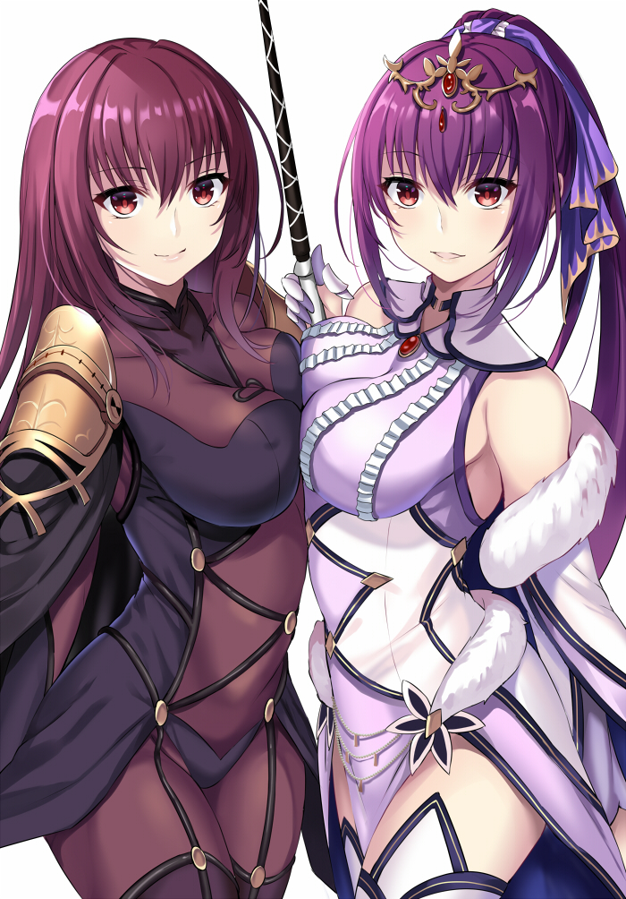 2girls bangs bare_shoulders blush bodysuit breast_press breasts closed_mouth collarbone covered_navel cowboy_shot dress fate/grand_order fate_(series) fur_trim hair_between_eyes hair_ribbon harimoji hips large_breasts long_hair looking_at_viewer multiple_girls parted_lips pauldrons ponytail purple_bodysuit purple_dress purple_hair purple_ribbon red_eyes ribbon scathach_(fate)_(all) scathach_(fate/grand_order) scathach_skadi_(fate/grand_order) shoulder_armor simple_background smile symmetrical_docking thighs tiara wand white_background