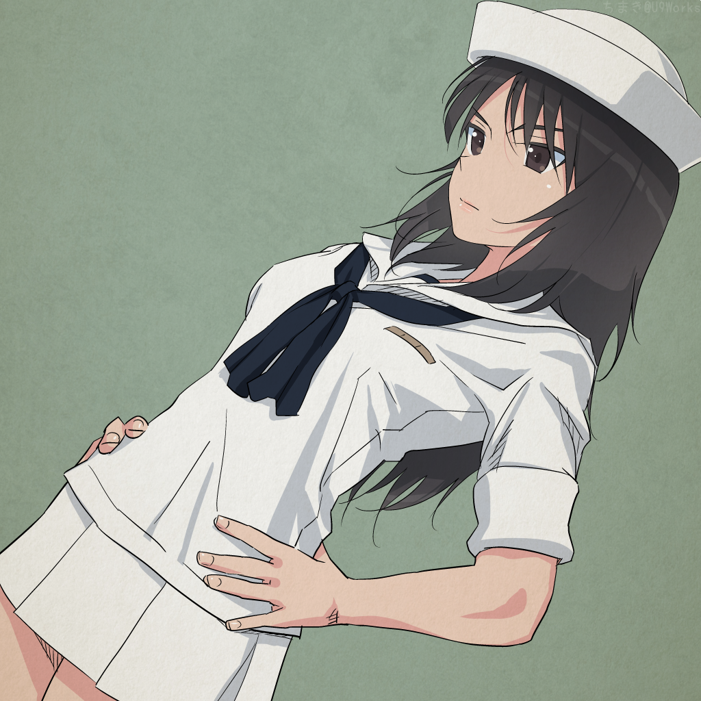 1girl akagi_(fmttps) bangs black_eyes black_hair black_neckwear blouse closed_mouth commentary cowboy_shot dixie_cup_hat dutch_angle girls_und_panzer green_background hands_on_hips hat light_frown long_hair long_sleeves looking_to_the_side military_hat miniskirt murakami_(girls_und_panzer) neckerchief ooarai_naval_school_uniform pleated_skirt sailor_collar school_uniform skirt sleeves_rolled_up solo standing white_blouse white_hat white_skirt
