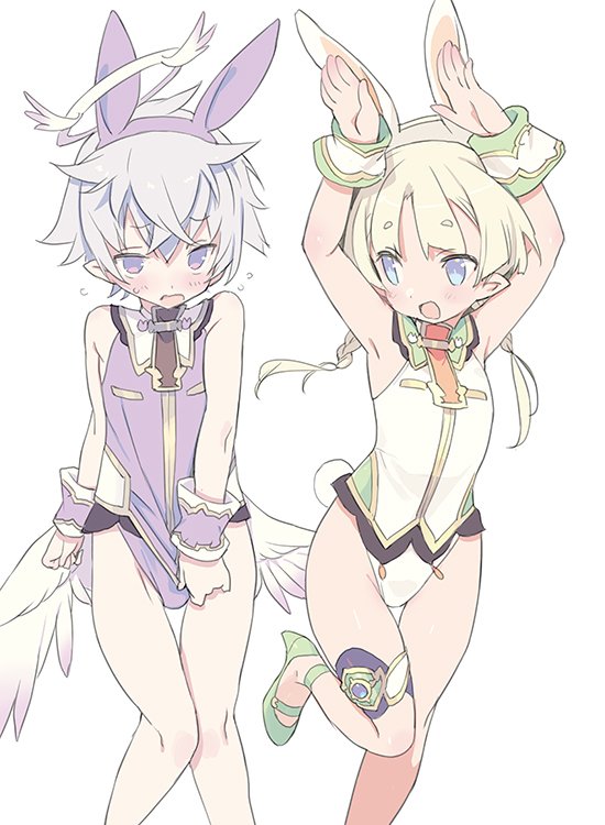 1boy 1girl adapted_uniform angel angel_wings animal_ears armpits blade_(galaxist) blonde_hair blue_eyes blush braid bunny_boy bunny_day bunny_girl bunny_pose bunny_tail bunnysuit circlet elf eyebrows_visible_through_hair fake_animal_ears halo juno_bernal leotard long_hair low_wings luke_venus mini_wings pointy_ears pop-up_story rabbit_ears silver_hair smile st._feles_gakuen_uniform tail twin_braids violet_eyes wings wrist_cuffs