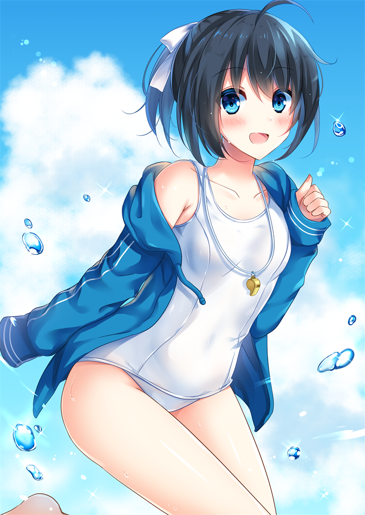 1girl :d ahoge black_hair blue_eyes blue_sky blush bow breasts clouds collarbone covered_navel day dripping hair_between_eyes hair_bow hand_up hayakawa_(hayakawa_illust) hood hooded_track_jacket jacket knees_together_feet_apart lanyard looking_at_viewer off_shoulder old_school_swimsuit one-piece_swimsuit open_clothes open_jacket open_mouth original outdoors school_swimsuit shiny shiny_skin sidelocks sky small_breasts smile solo sparkle swimsuit track_jacket water water_drop whistle whistle_around_neck white_swimsuit