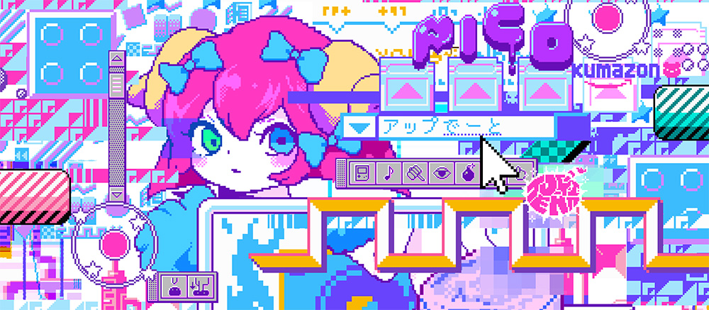 1girl abstract blue_bow blue_eyes blush bomb bow buttons cursor eighth_note game_boy green_eyes hair_between_eyes hair_bow hammer handheld_game_console icon m7kenji musical_note original pixel_art redhead short_hair solo translated