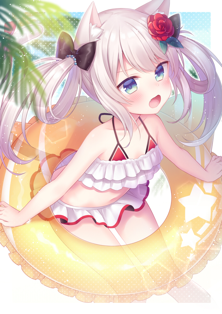 1girl amane_kurumi animal_ears azur_lane bare_arms bare_shoulders bikini bikini_skirt black_bow blue_eyes blue_sky blurry blurry_foreground blush bow cat_ears cat_girl cat_tail clouds cloudy_sky collarbone day depth_of_field fang flower hair_bow hair_flower hair_ornament hammann_(azur_lane) innertube long_hair looking_at_viewer open_mouth orange_innertube palm_tree red_bikini_top red_flower red_rose rose sidelocks silver_hair sky solo star swimsuit tail tree twintails