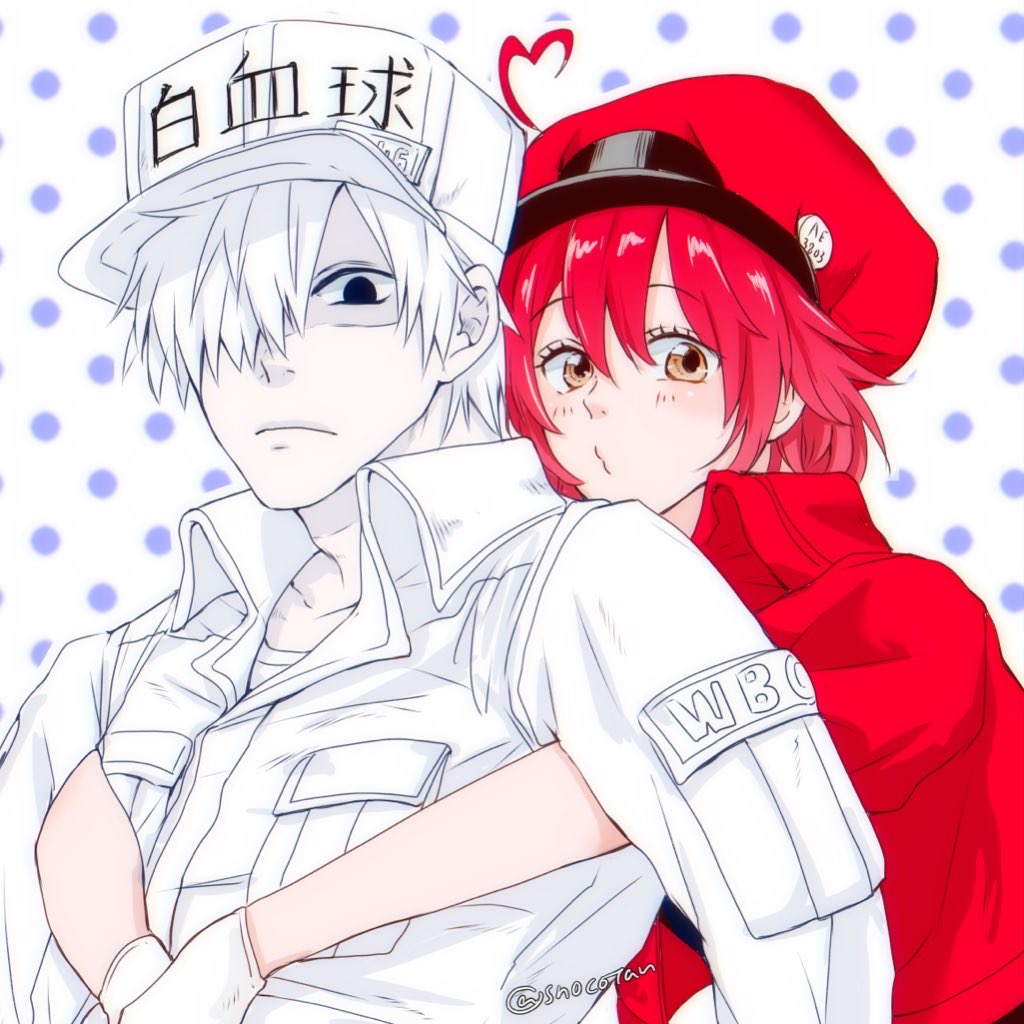 1boy 1girl ae-3803 ahoge baseball_cap beret black_eyes collared_shirt gloves hair_over_one_eye hat hataraku_saibou heart_ahoge hug hug_from_behind jacket looking_at_viewer name_tag no_pupils polka_dot polka_dot_background red_blood_cell_(hataraku_saibou) redhead shirt short_hair suno_(snocotan) twitter_username u-1146 white_blood_cell_(hataraku_saibou) white_gloves white_hair white_skin yellow_eyes