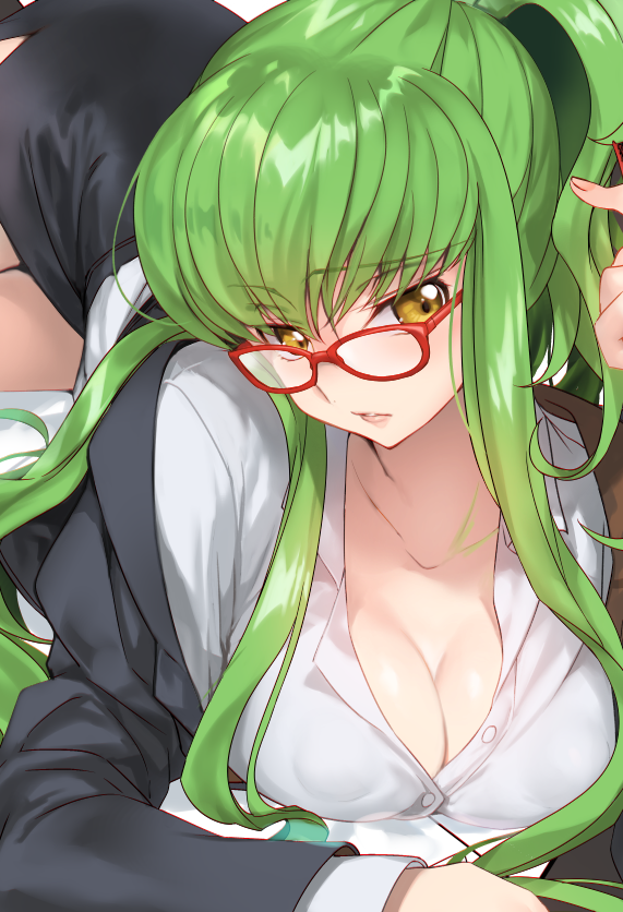1girl all_fours alternate_costume bangs bent_over black_skirt breasts business_suit c.c. cleavage code_geass collarbone collared_shirt covered_nipples creayus cropped dress_shirt eyebrows_visible_through_hair formal glasses green_hair hanging_breasts jacket large_breasts long_hair lying miniskirt office_lady on_stomach pencil_skirt pursed_lips red-framed_eyewear revision shirt sidelocks skirt skirt_suit solo suit thighs yellow_eyes
