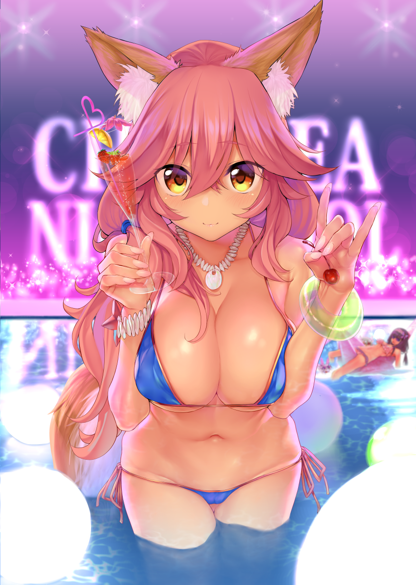 1girl :3 animal_ear_fluff animal_ears bikini black_hair blue_bikini breasts cherry collarbone creature eyes_visible_through_hair fate/grand_order fate_(series) food fou_(fate/grand_order) fox_ears fox_shadow_puppet fox_tail fruit glasses groin hair_over_one_eye highres large_breasts long_hair looking_at_viewer low_twintails navel osakabe-hime_(fate/grand_order) pink_hair pool shirt side-tie_bikini solo suga_hideo swimsuit tail tamamo_(fate)_(all) tamamo_no_mae_(swimsuit_lancer)_(fate) twintails very_long_hair wet wet_clothes wet_shirt wet_t-shirt yellow_eyes