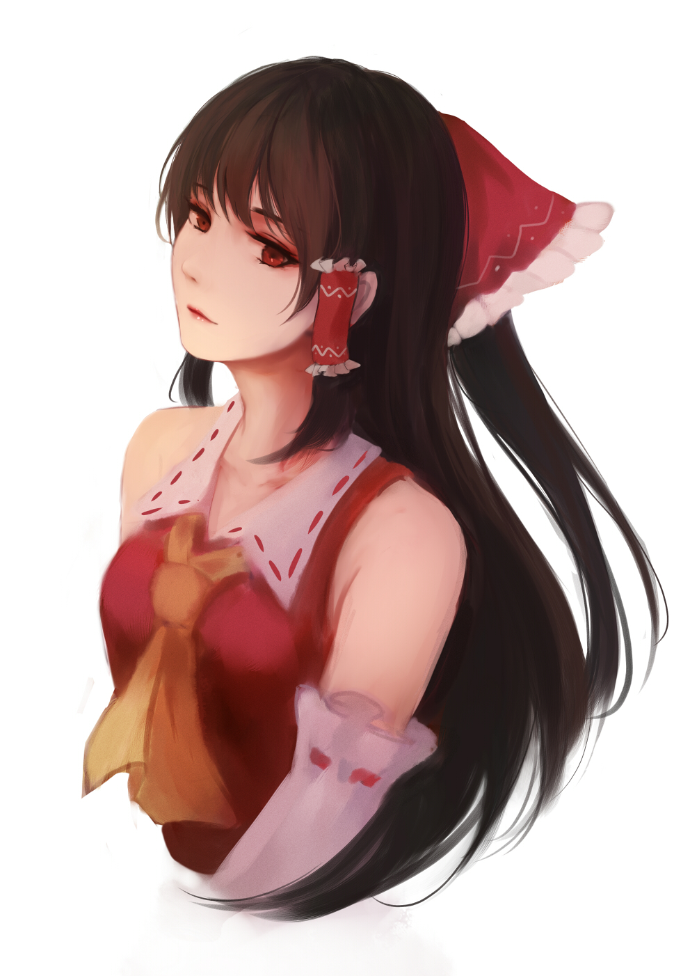1girl ascot bare_shoulders bow breasts brown_hair closed_mouth collarbone detached_sleeves frilled_bow frills hair_bow hair_tubes hakurei_reimu highres lips long_hair looking_at_viewer medium_breasts orange_neckwear red_bow red_eyes red_shirt ribbon-trimmed_sleeves ribbon_trim shimmer shirt sleeveless sleeveless_shirt solo touhou very_long_hair