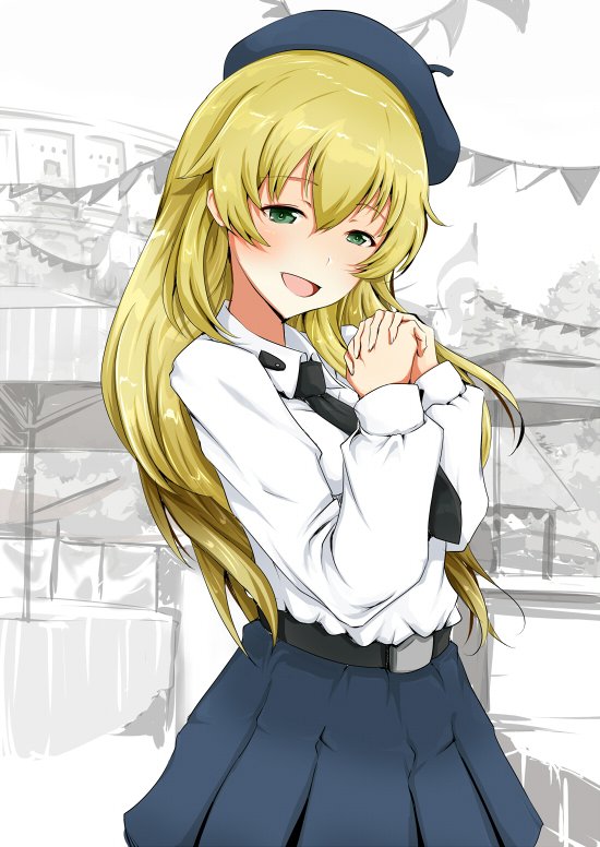 1girl anzio_school_uniform bangs belt beret black_belt black_hat black_neckwear black_skirt blonde_hair blush carpaccio commentary cowboy_shot dress_shirt eyebrows_visible_through_hair girls_und_panzer green_eyes half-closed_eyes hanchou_(shirokun555) hands_together hat interlocked_fingers long_hair long_sleeves looking_at_viewer miniskirt necktie open_mouth outdoors pantyhose partially_colored pleated_skirt school_uniform shirt skirt smile solo standing white_legwear white_shirt