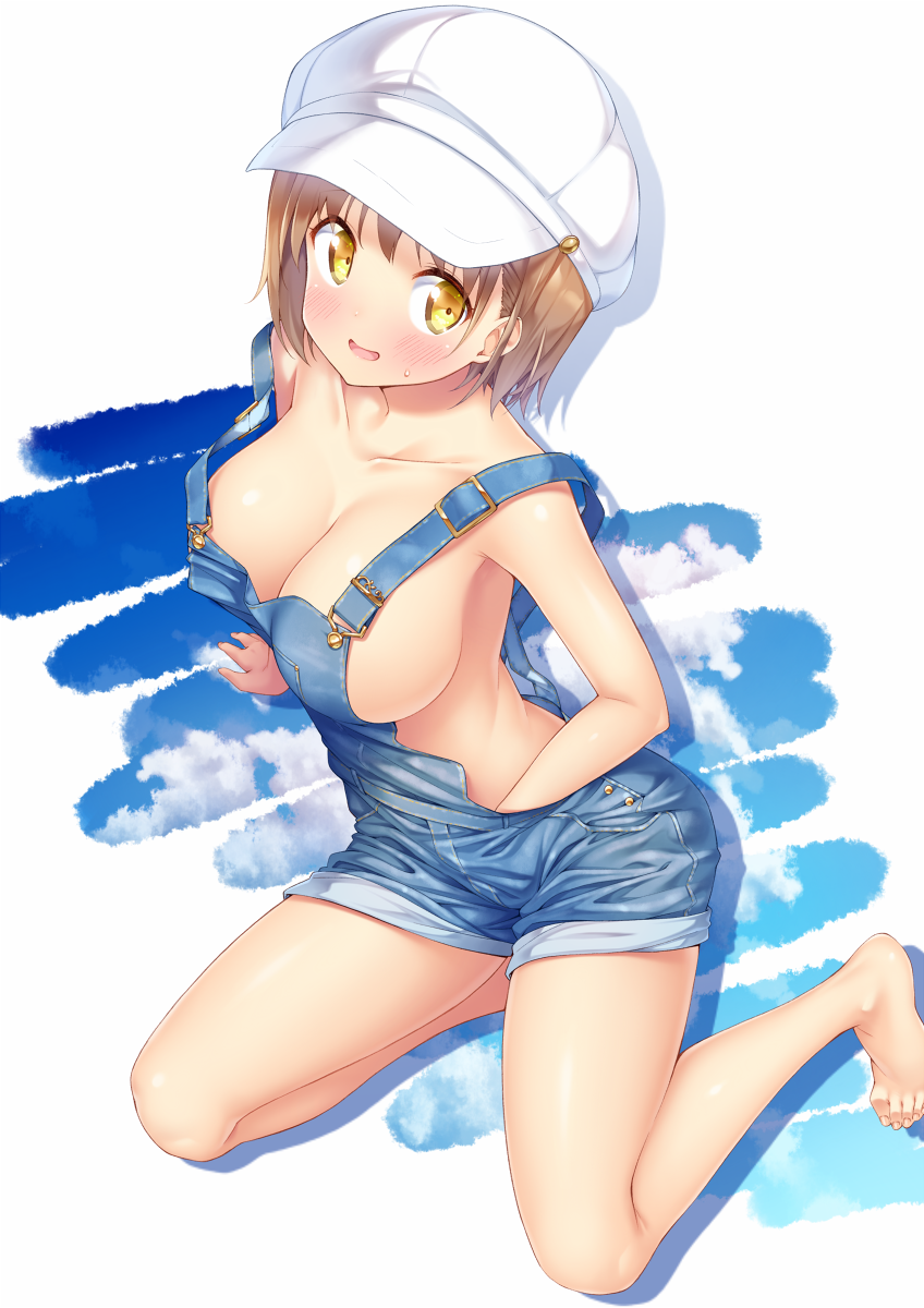 1girl arm_support barefoot blush breasts brown_hair collarbone commentary hand_in_overalls hat highres ichi_makoto large_breasts looking_at_viewer naked_overalls original overalls short_hair solo sweatdrop white_hat yellow_eyes