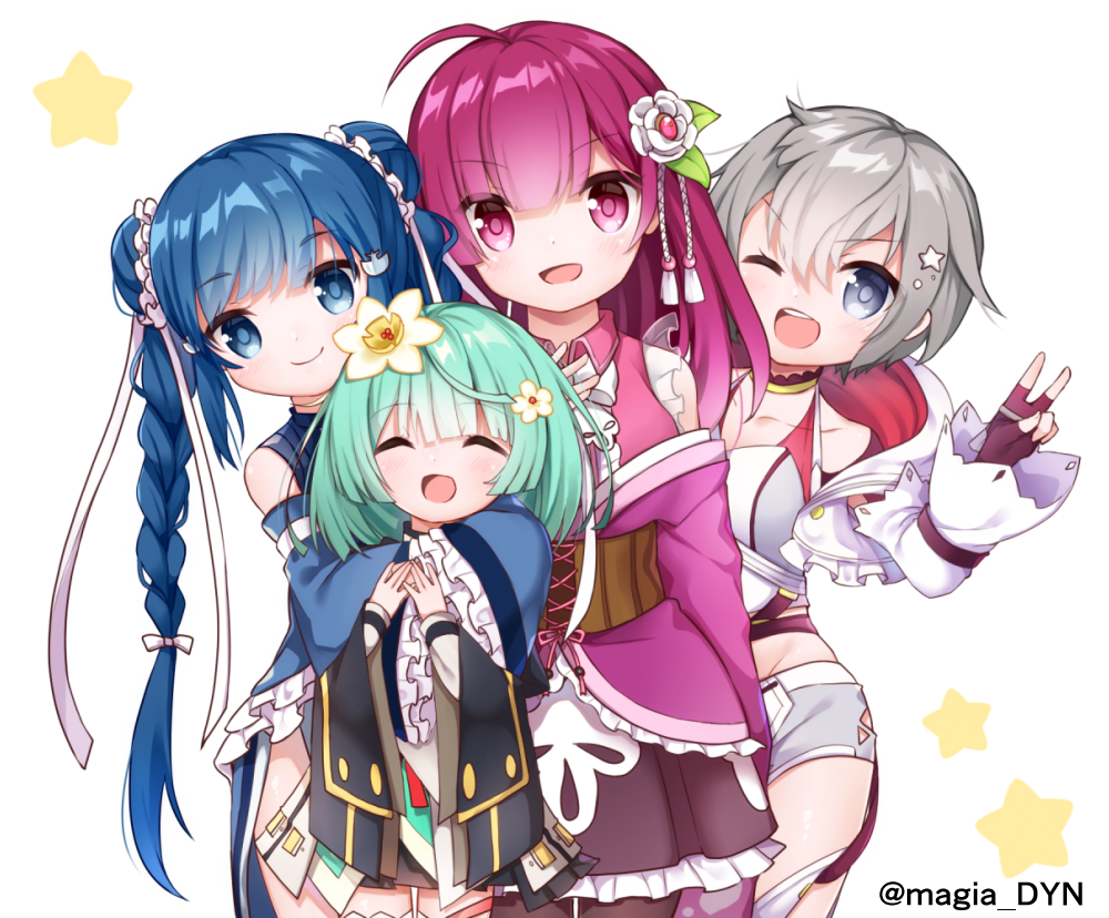 4girls :d ;) ahoge aqua_hair artist_name black_skirt blue_eyes blue_hair braid character_request closed_eyes corset double_bun facing_viewer fingerless_gloves flower gloves grey_hair hair_flower hair_ornament hakuari_(hina) hands_up hug hug_from_behind looking_at_viewer magia_record:_mahou_shoujo_madoka_magica_gaiden mahou_shoujo_madoka_magica multiple_girls natsume_kako one_eye_closed open_mouth pink_eyes pink_hair short_hair skirt smile standing star star_hair_ornament twin_braids