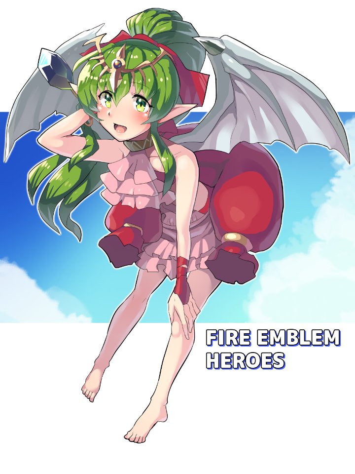 1girl boris_(noborhys) chiki fire_emblem fire_emblem:_mystery_of_the_emblem fire_emblem_heroes full_body green_eyes green_hair long_hair looking_at_viewer mamkute one-piece_swimsuit pixiv pointy_ears ponytail simple_background smile solo swimsuit tiara wings
