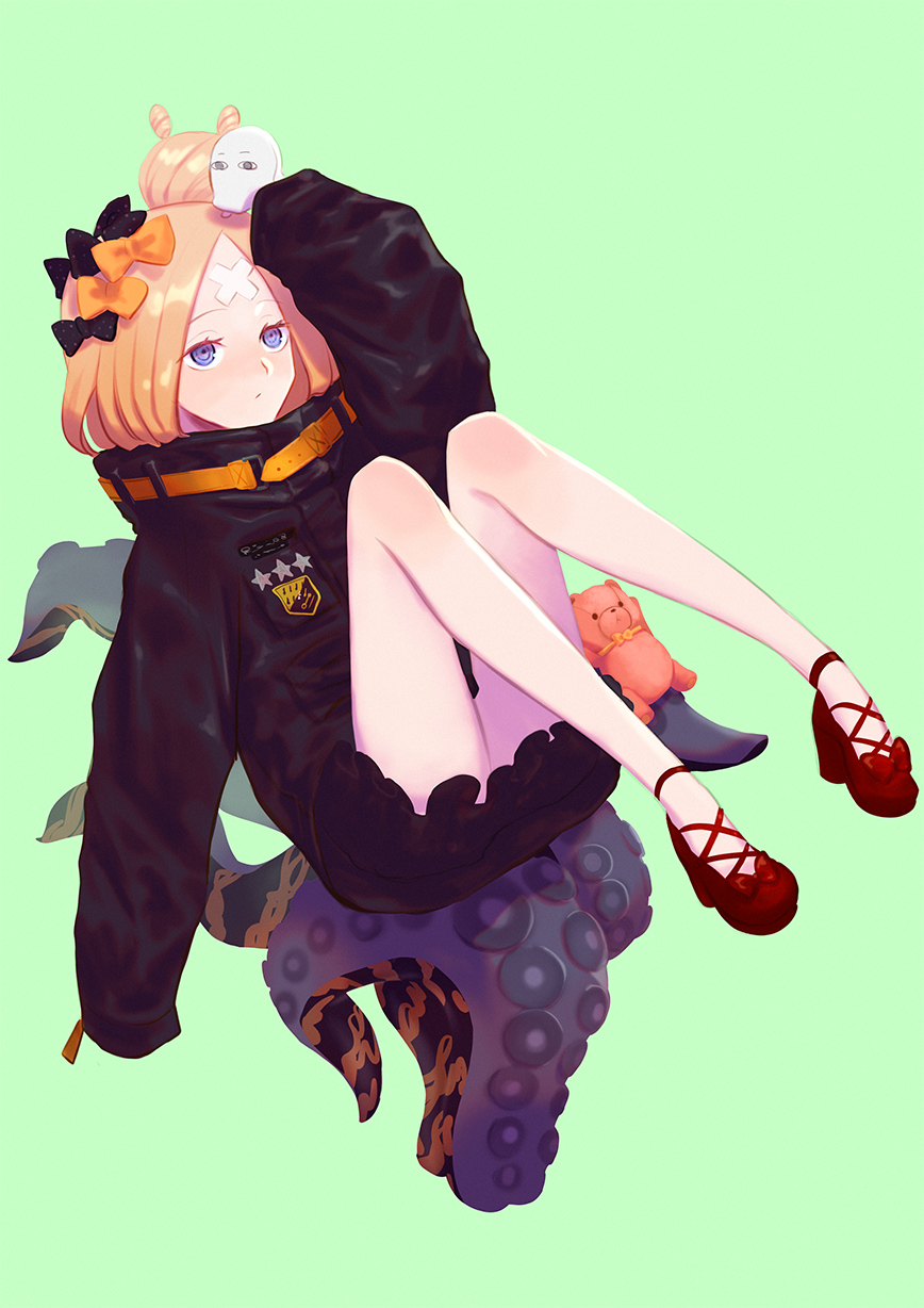 1girl abigail_williams_(fate/grand_order) arm_up bangs black_bow black_jacket blonde_hair blue_eyes blush bow closed_mouth commentary_request fate/grand_order fate_(series) green_background hair_bow hair_bun high_heels highres jacket long_hair long_sleeves looking_away medjed mootie orange_bow parted_bangs polka_dot polka_dot_bow red_bow red_footwear shoes simple_background sleeves_past_fingers sleeves_past_wrists solo stuffed_animal stuffed_toy suction_cups teddy_bear tentacle