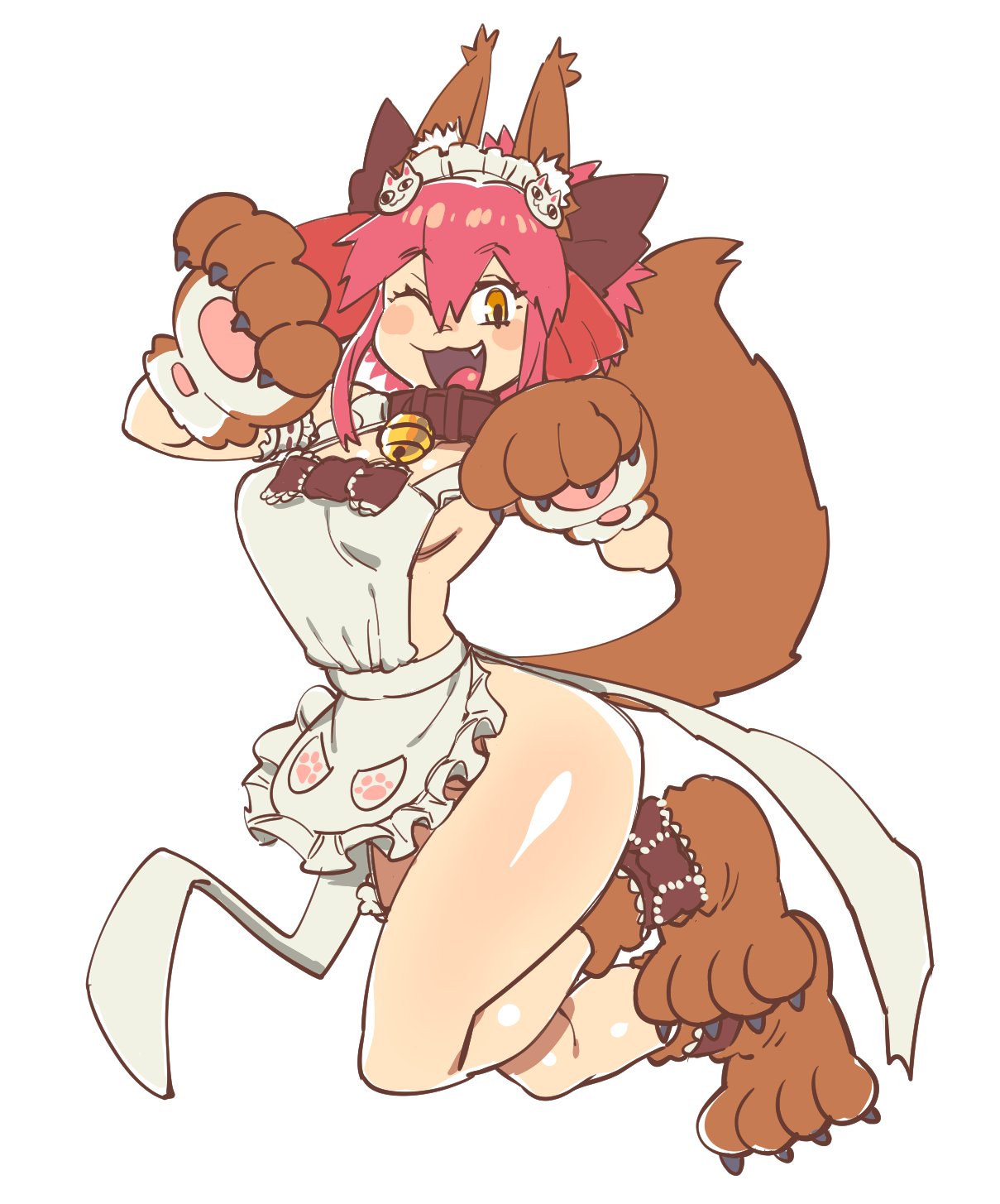 1girl animal_ears apron belt_collar cat_ears cat_paws cat_tail fang fate/grand_order fate_(series) highres naked_apron one_eye_closed open_mouth paws pink_hair simple_background sketch solo taikodon tail tamamo_(fate)_(all) tamamo_cat_(fate) white_background yellow_eyes